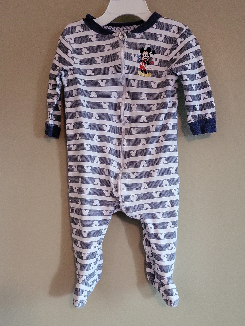 Disney Mickey striped embrodiered zip up footed sleeper/footie